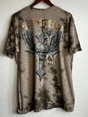 Affliction Shirt Mens XXL Beige Brown Skull Y2K Cross Wings Grunge Skull